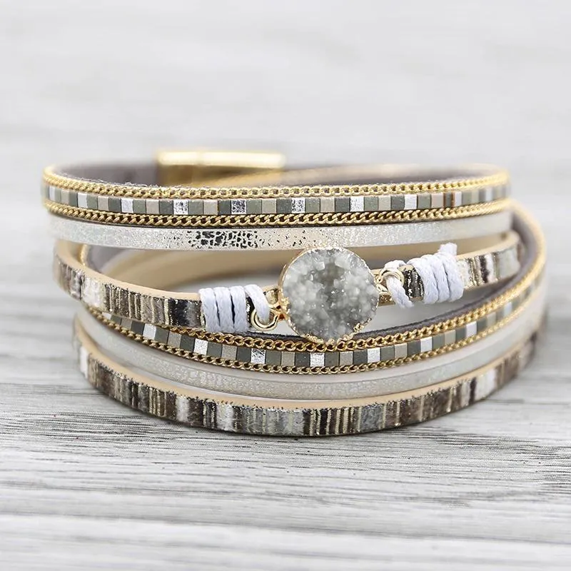 Multi-wrap Druzy Bracelets with Feather Leaf Charm