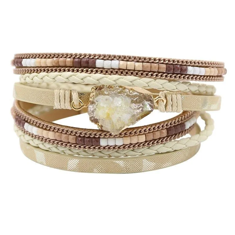 Multi-wrap Druzy Bracelets with Feather Leaf Charm