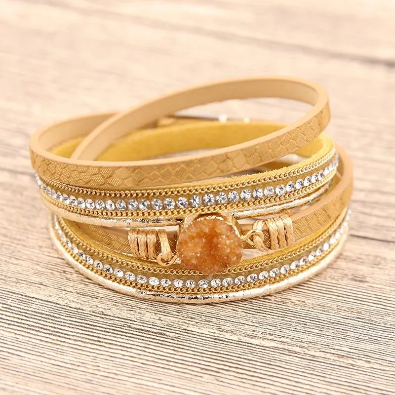 Multi-wrap Druzy Bracelets with Feather Leaf Charm