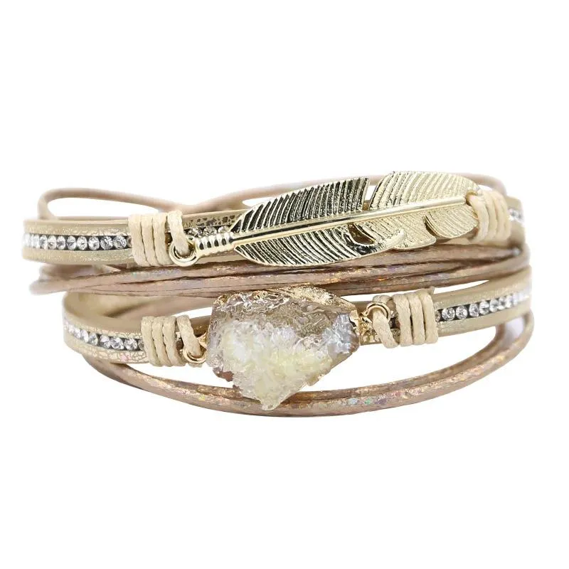 Multi-wrap Druzy Bracelets with Feather Leaf Charm