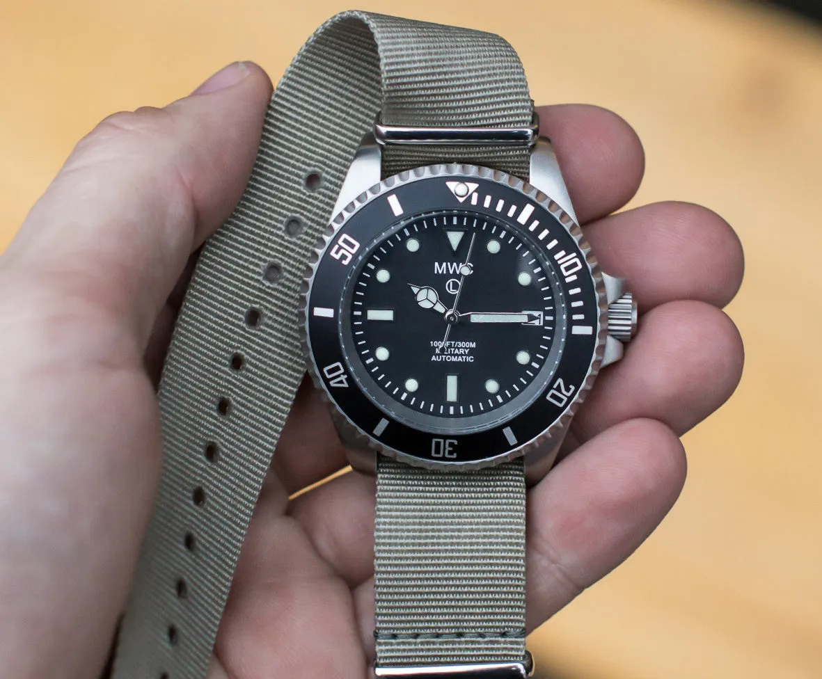 MWC 24 Jewel 300m Automatic Military Divers Watch with Sapphire Crystal and Ceramic Bezel on a NATO Webbing Strap