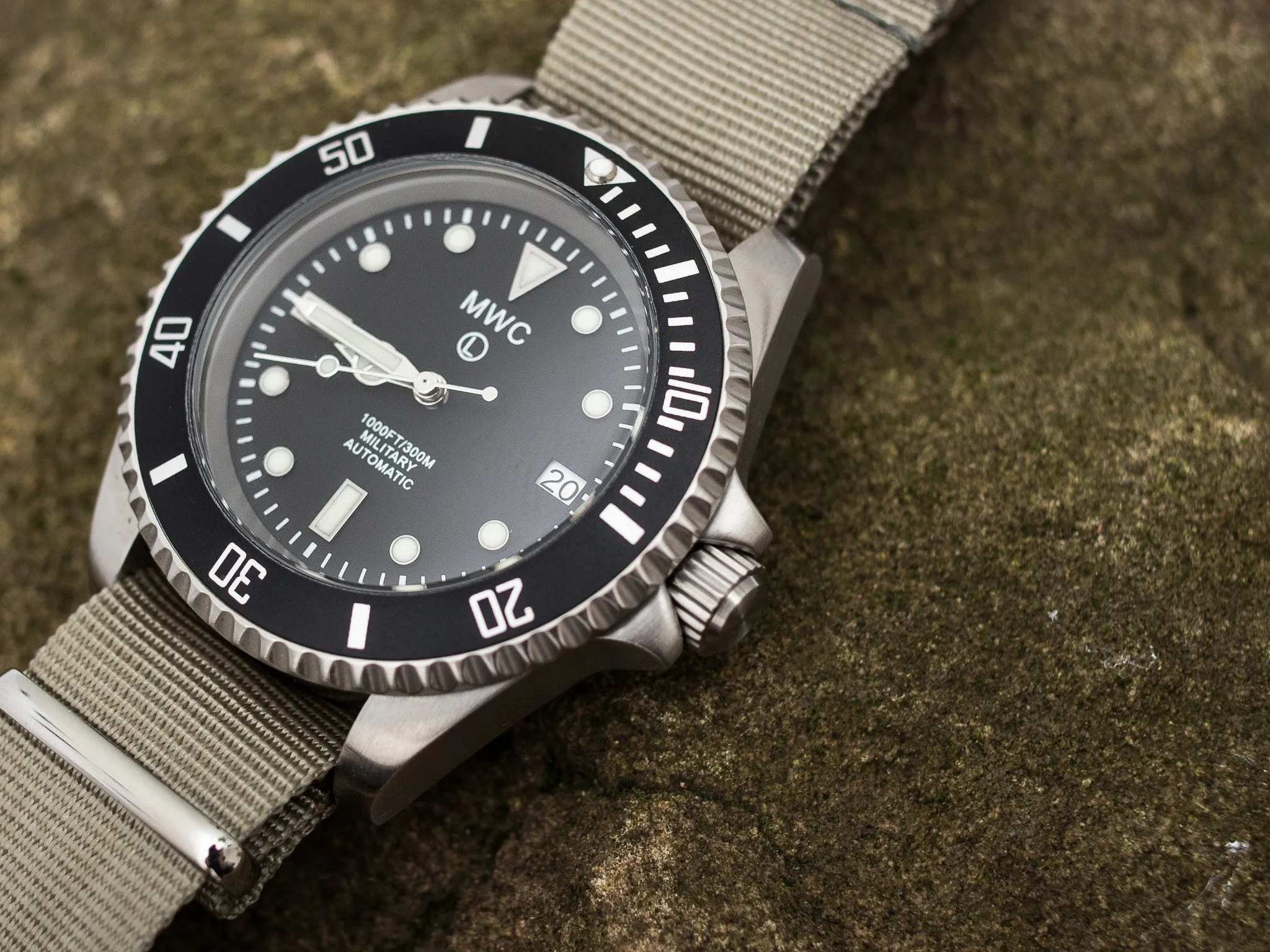 MWC 24 Jewel 300m Automatic Military Divers Watch with Sapphire Crystal and Ceramic Bezel on a NATO Webbing Strap