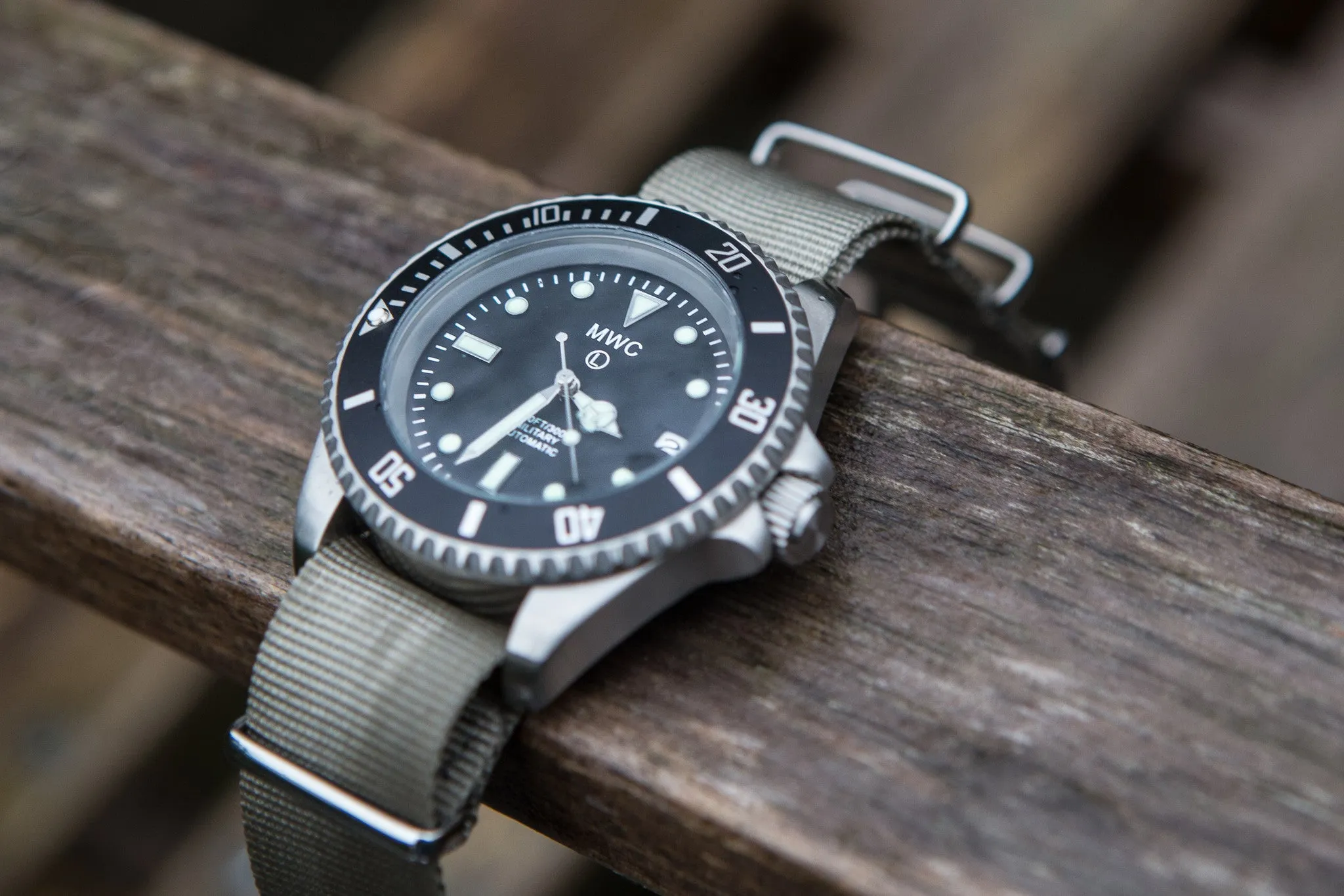 MWC 24 Jewel 300m Automatic Military Divers Watch with Sapphire Crystal and Ceramic Bezel on a NATO Webbing Strap