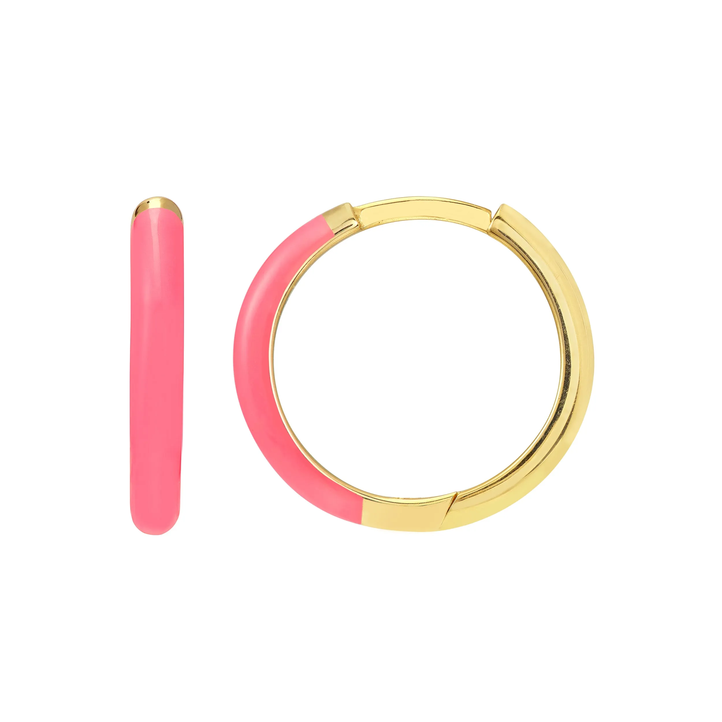 Neon Pink Enamel Huggie Hoop Earrings 14K YG