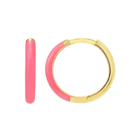 Neon Pink Enamel Huggie Hoop Earrings 14K YG