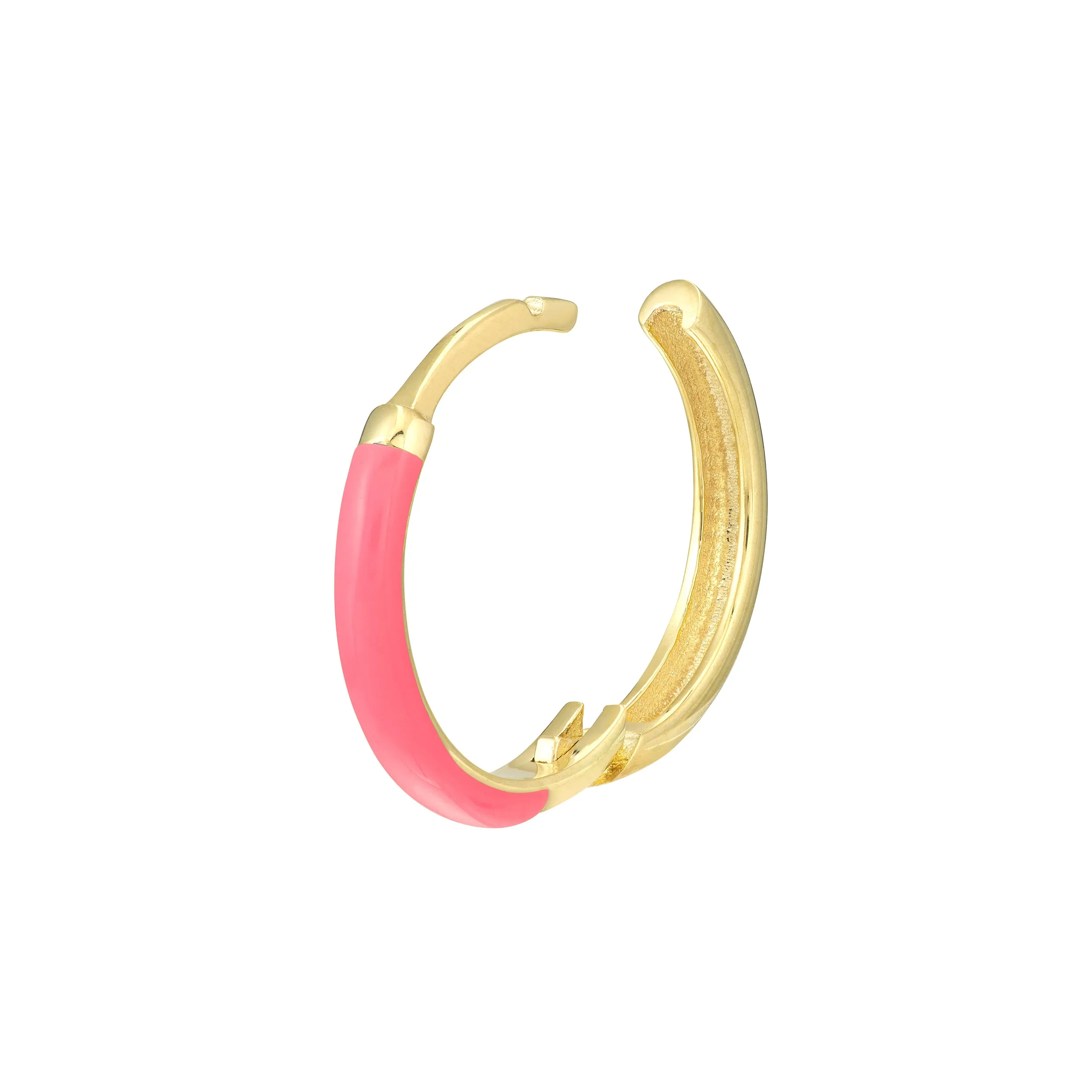 Neon Pink Enamel Huggie Hoop Earrings 14K YG