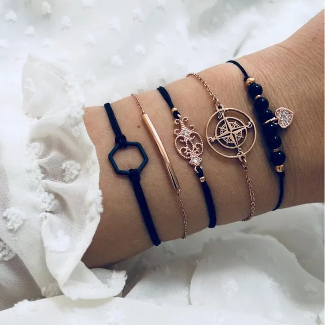 New Fashion Gothic Black Feather Lotus Bracelets Set