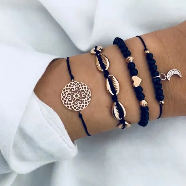 New Fashion Gothic Black Feather Lotus Bracelets Set
