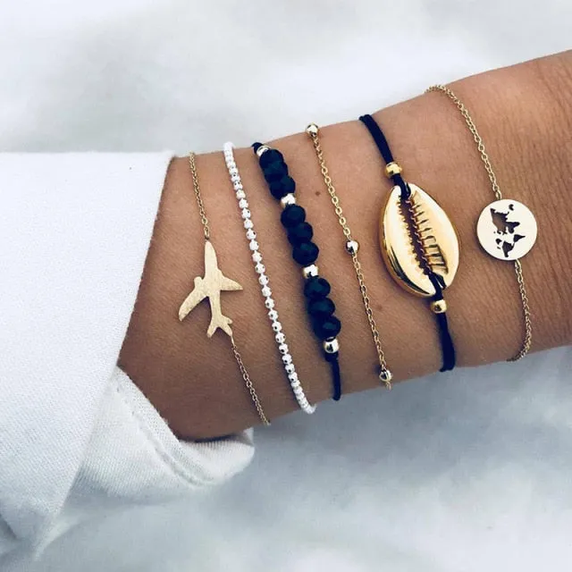 New Fashion Gothic Black Feather Lotus Bracelets Set