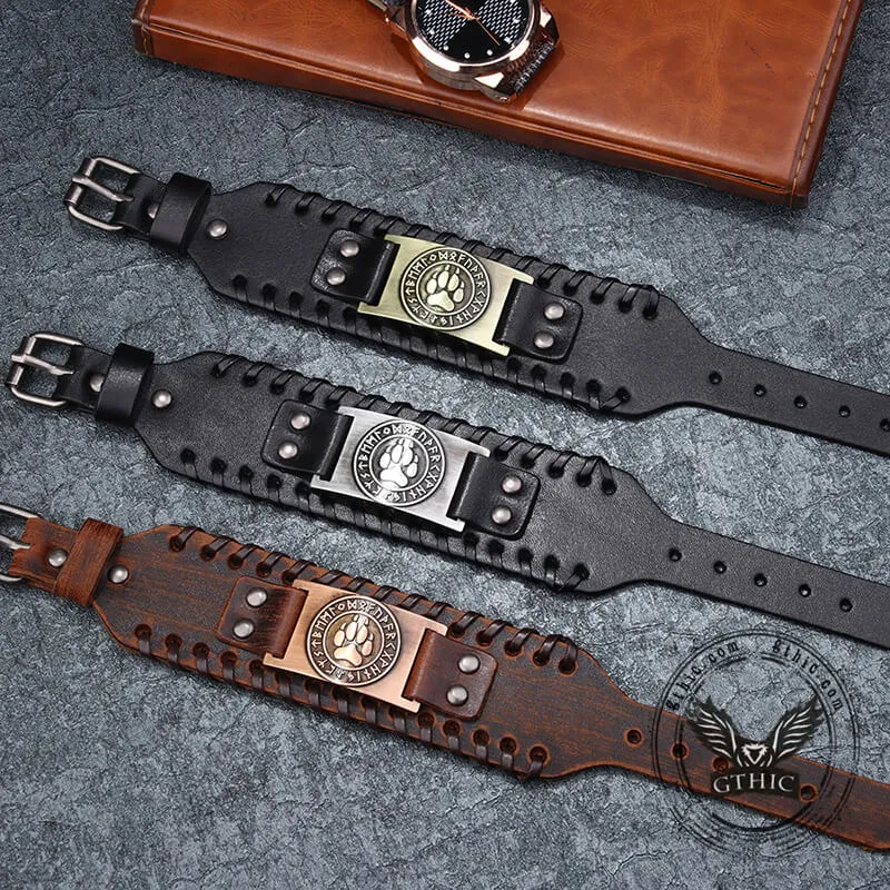 Nordic Wolf Paw Runes Leather Viking Bracelet