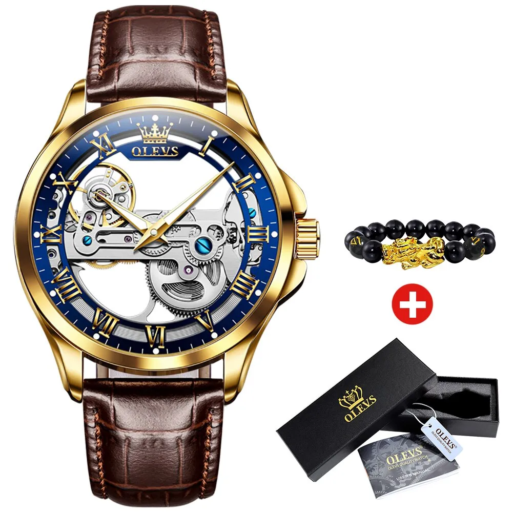 OLEVS Automatic Mechanical Watches Waterproof Leather Strap Skeleton Tourbillon Watch Luxury Brand Business Watch