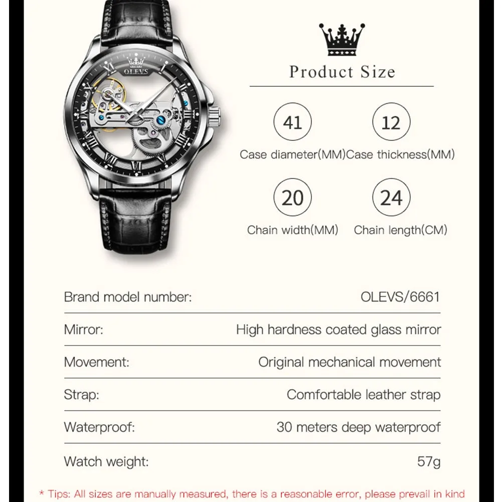 OLEVS Automatic Mechanical Watches Waterproof Leather Strap Skeleton Tourbillon Watch Luxury Brand Business Watch