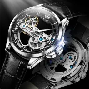 OLEVS Automatic Mechanical Watches Waterproof Leather Strap Skeleton Tourbillon Watch Luxury Brand Business Watch