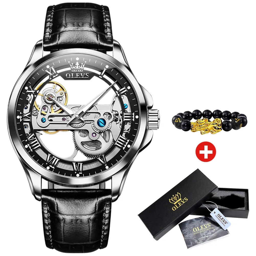 OLEVS Automatic Mechanical Watches Waterproof Leather Strap Skeleton Tourbillon Watch Luxury Brand Business Watch