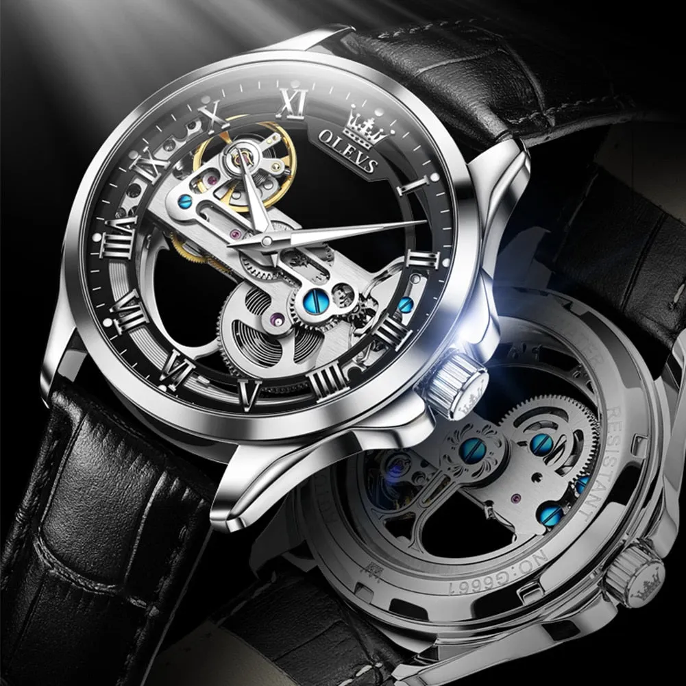 OLEVS Automatic Mechanical Watches Waterproof Leather Strap Skeleton Tourbillon Watch Luxury Brand Business Watch