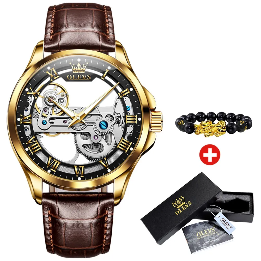 OLEVS Automatic Mechanical Watches Waterproof Leather Strap Skeleton Tourbillon Watch Luxury Brand Business Watch