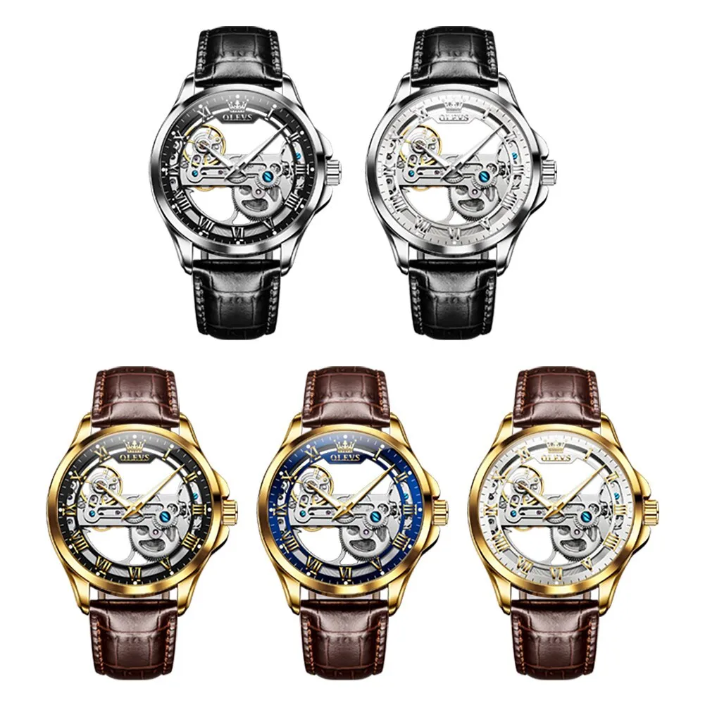 OLEVS Automatic Mechanical Watches Waterproof Leather Strap Skeleton Tourbillon Watch Luxury Brand Business Watch