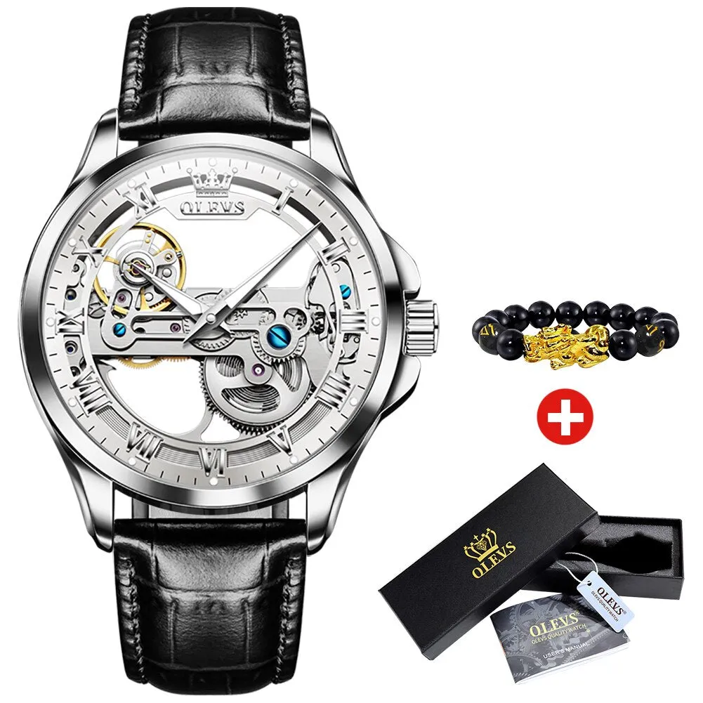 OLEVS Automatic Mechanical Watches Waterproof Leather Strap Skeleton Tourbillon Watch Luxury Brand Business Watch