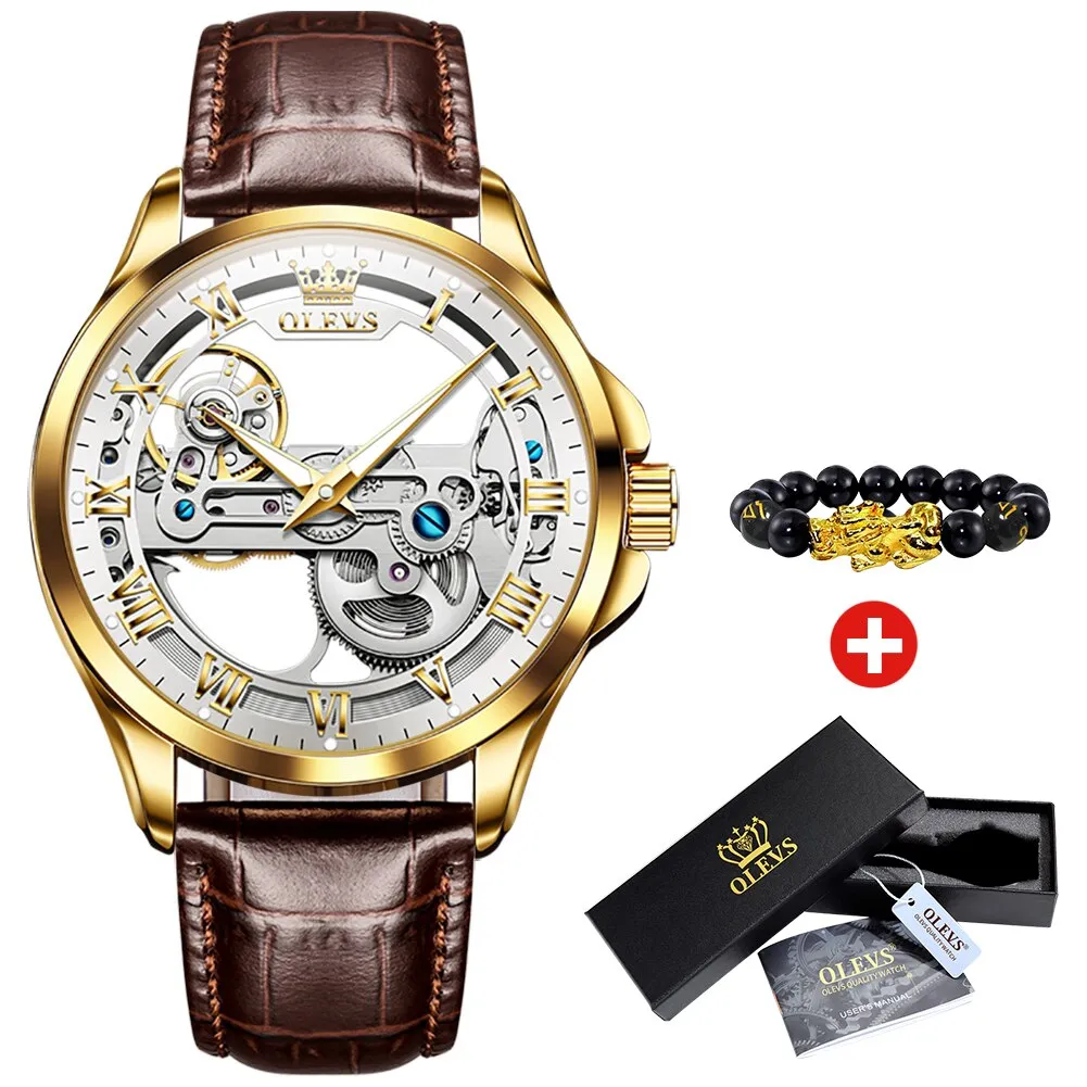 OLEVS Automatic Mechanical Watches Waterproof Leather Strap Skeleton Tourbillon Watch Luxury Brand Business Watch
