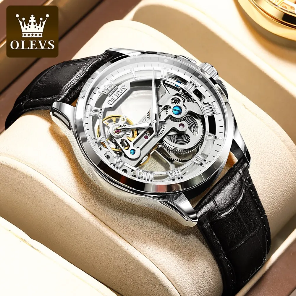 OLEVS Automatic Mechanical Watches Waterproof Leather Strap Skeleton Tourbillon Watch Luxury Brand Business Watch