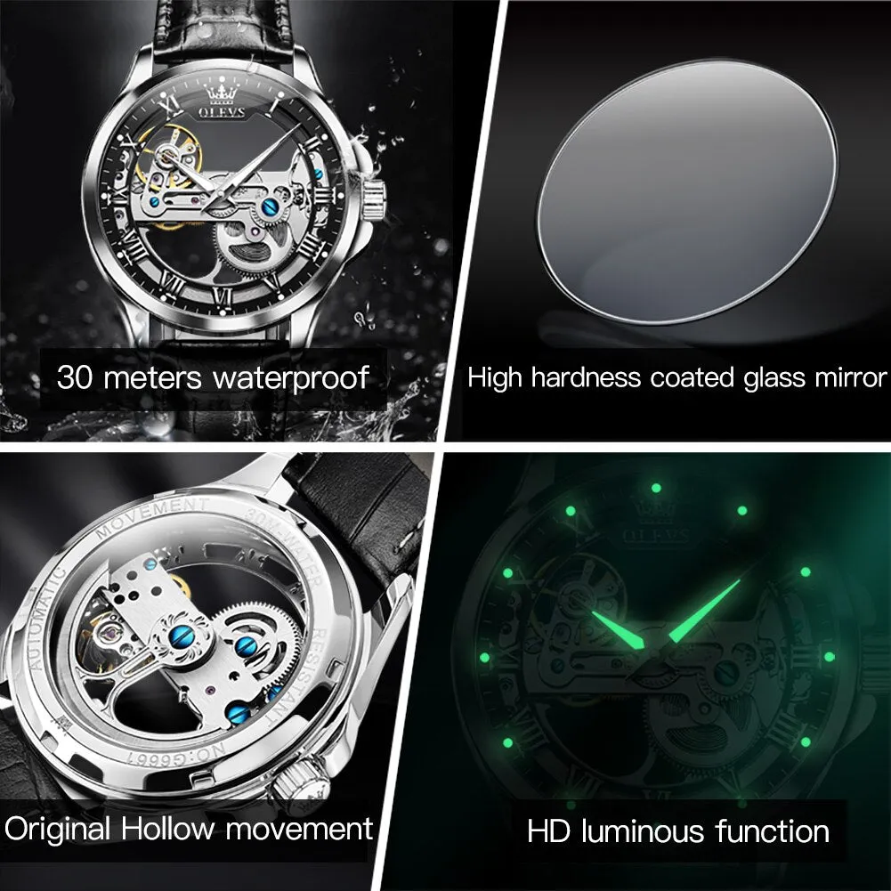 OLEVS Automatic Mechanical Watches Waterproof Leather Strap Skeleton Tourbillon Watch Luxury Brand Business Watch