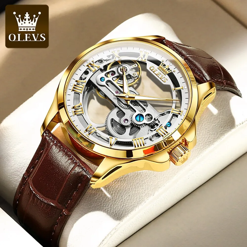 OLEVS Automatic Mechanical Watches Waterproof Leather Strap Skeleton Tourbillon Watch Luxury Brand Business Watch