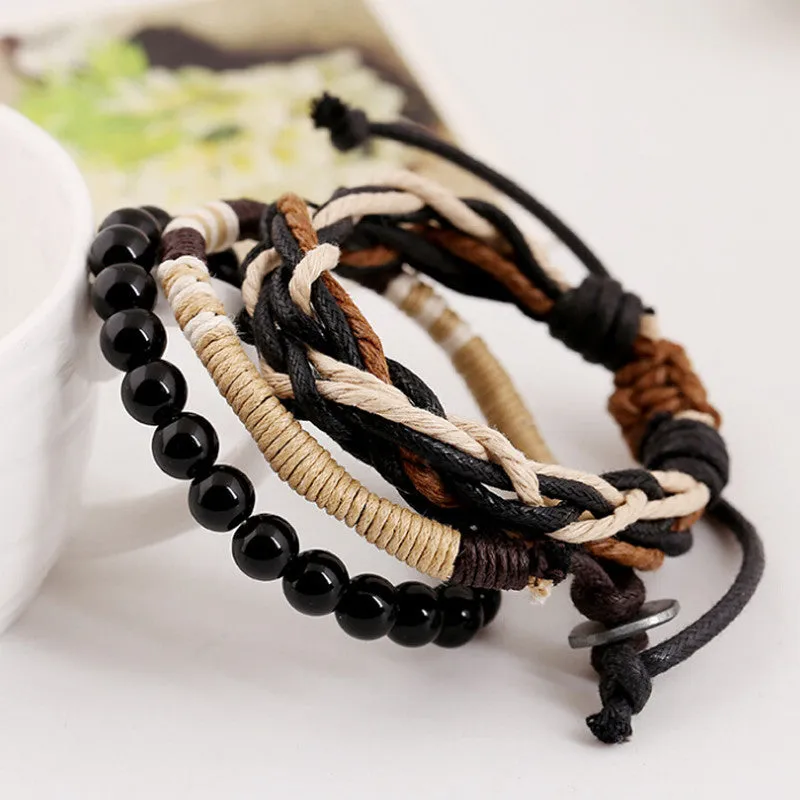 Original 3 In 1 Vintage Male Bracelets Black Wooden Ball Beads Strand Bracelets Handmade Rope Braided Charm Bracelet Men Jewelry