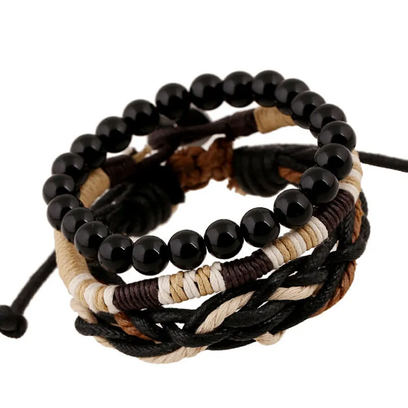 Original 3 In 1 Vintage Male Bracelets Black Wooden Ball Beads Strand Bracelets Handmade Rope Braided Charm Bracelet Men Jewelry