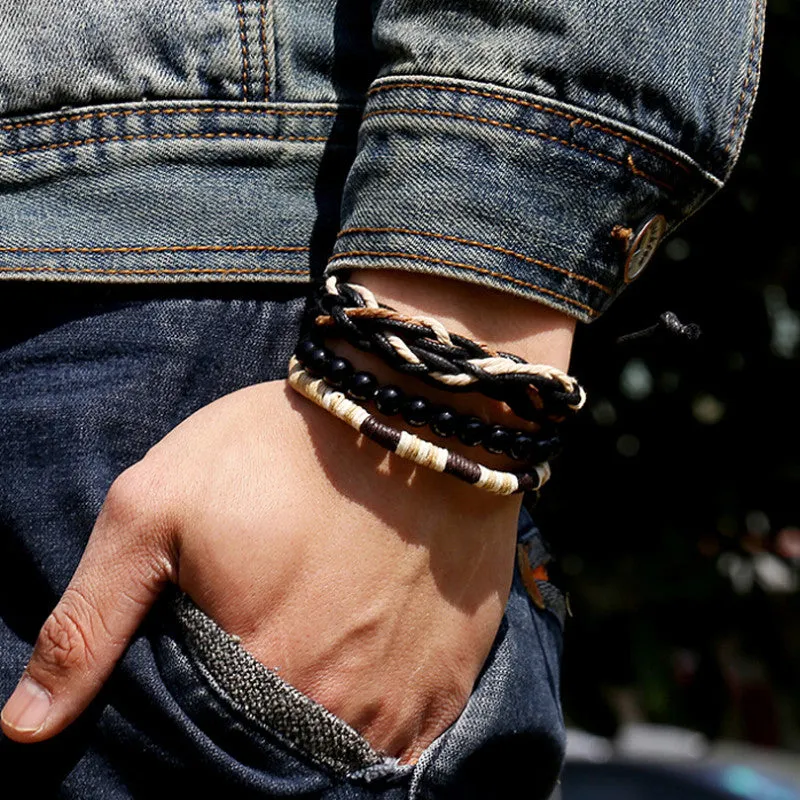Original 3 In 1 Vintage Male Bracelets Black Wooden Ball Beads Strand Bracelets Handmade Rope Braided Charm Bracelet Men Jewelry