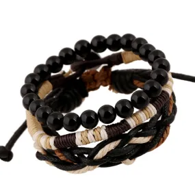 Original 3 In 1 Vintage Male Bracelets Black Wooden Ball Beads Strand Bracelets Handmade Rope Braided Charm Bracelet Men Jewelry