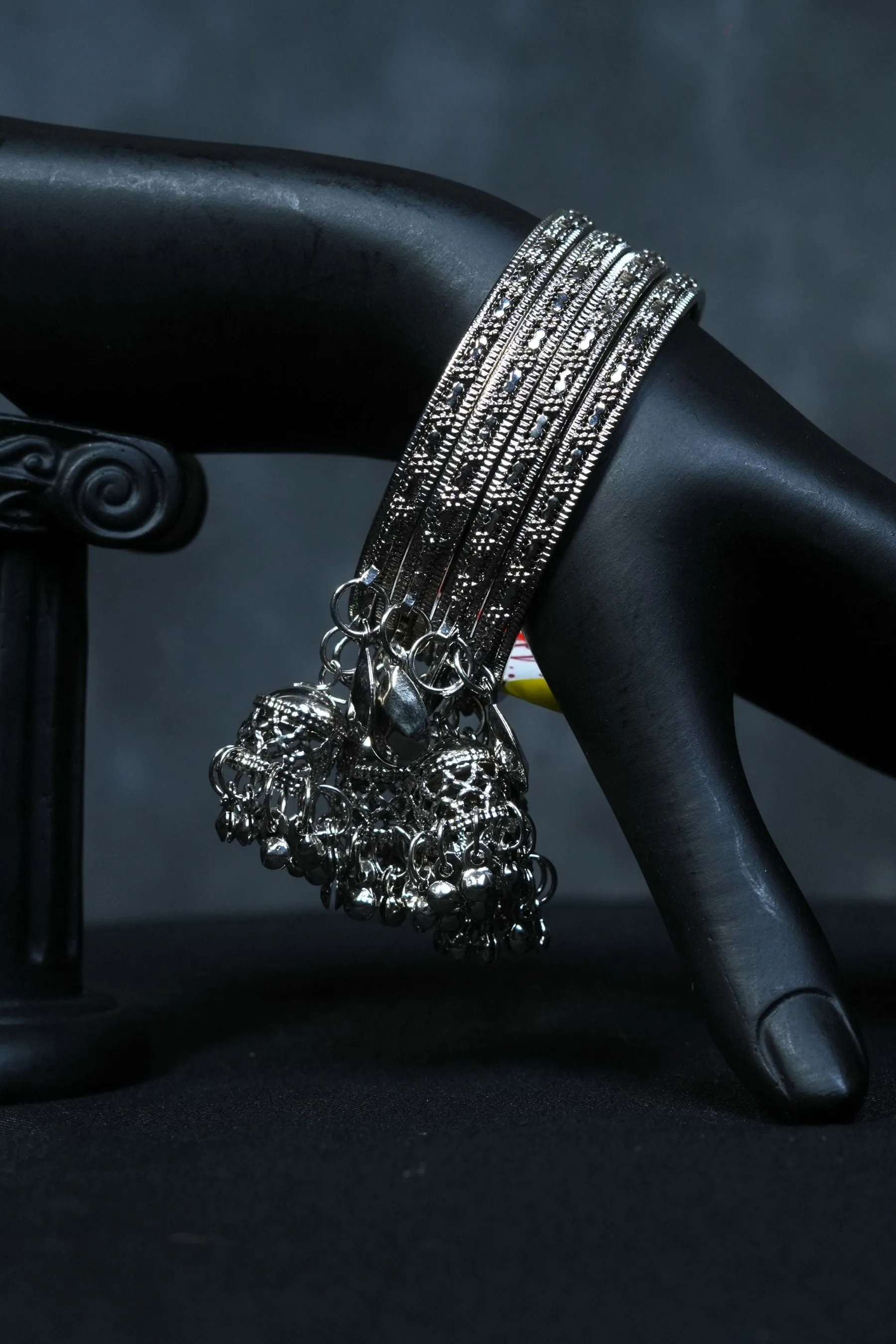 Oxidized White Metal Bangles with Small Jhumkas | JCS Fashions