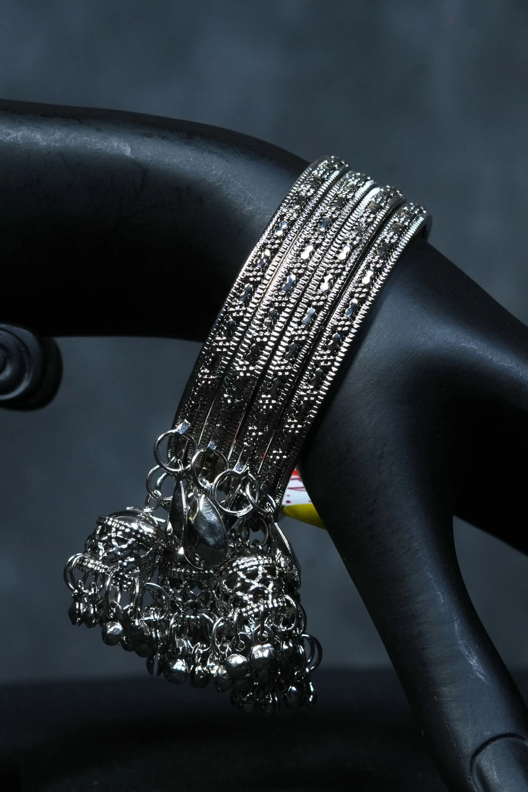 Oxidized White Metal Bangles with Small Jhumkas | JCS Fashions