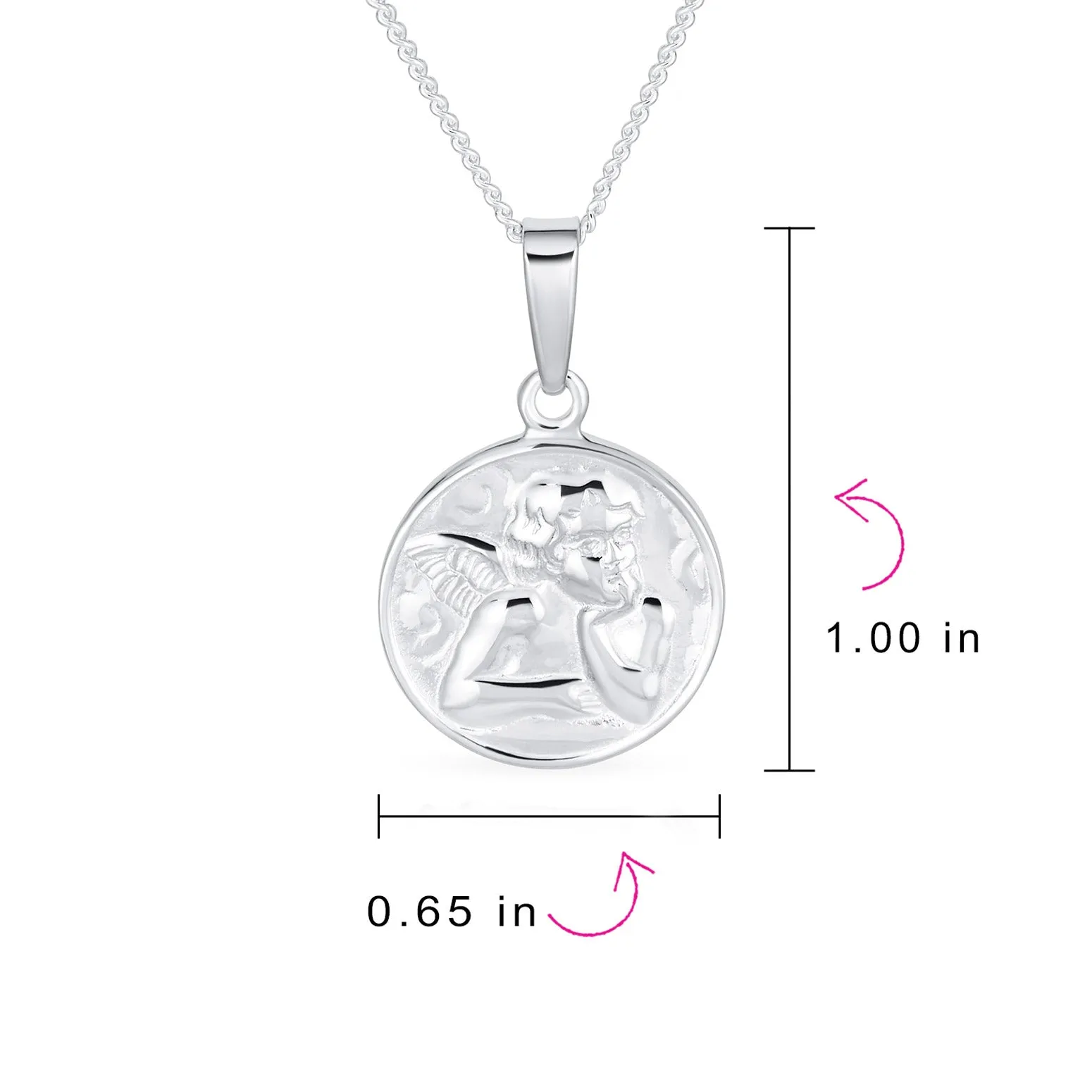 Religious Guardian Angel Cherub Pendant Necklace in Sterling Silver Round Disc Medal