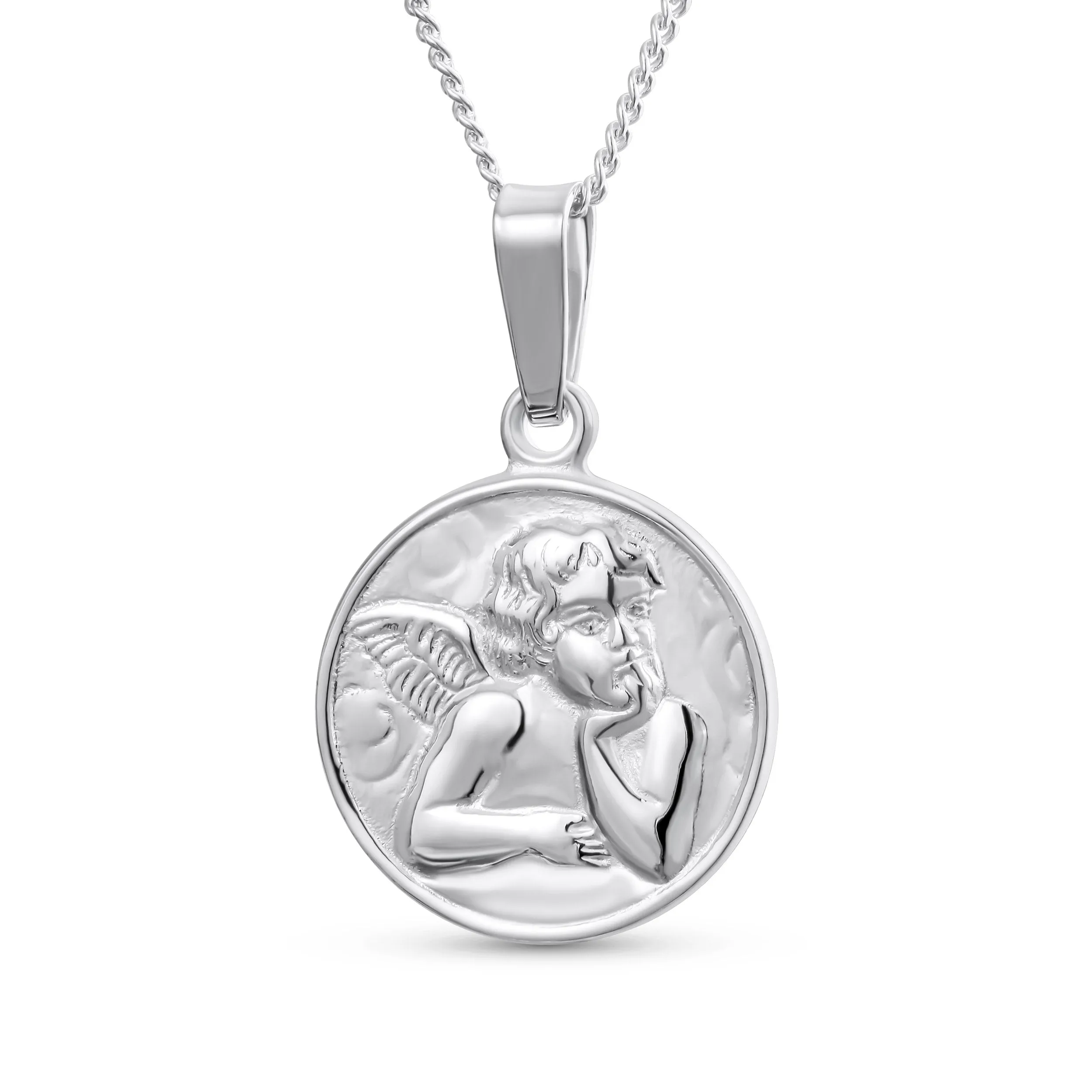 Religious Guardian Angel Cherub Pendant Necklace in Sterling Silver Round Disc Medal