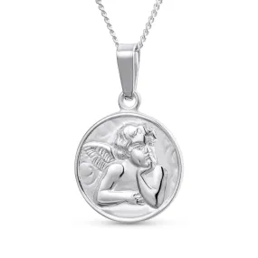 Religious Guardian Angel Cherub Pendant Necklace in Sterling Silver Round Disc Medal