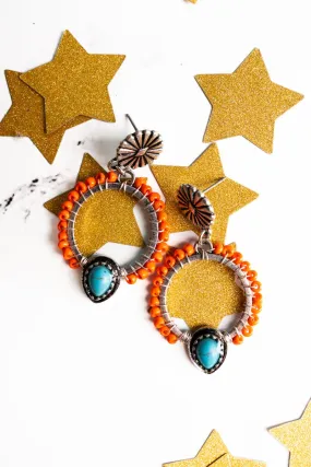 SALE! Orange and Turquoise Sea Cliff Orange Beaded Hoop Earrings