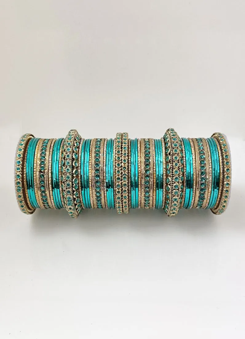 Sea Green Anitique Gold Double Bangle Set
