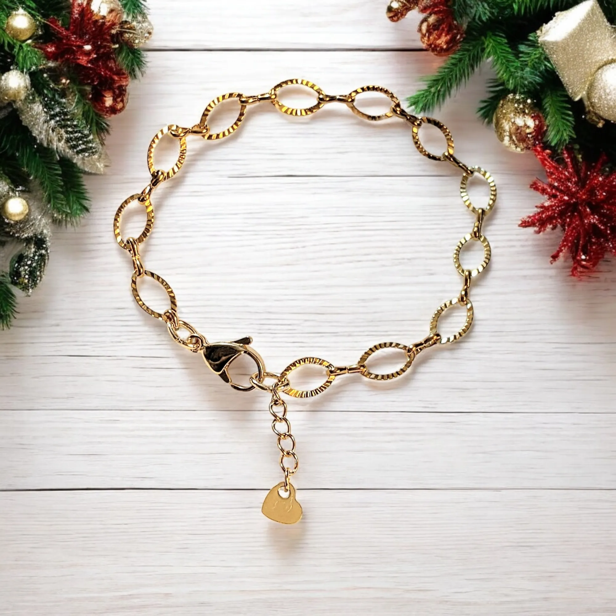 Shiny Gold Textured Oval Link Charm Bracelet Base II - D.I.Y. - BUILD YOUR CHARM BRACELET!