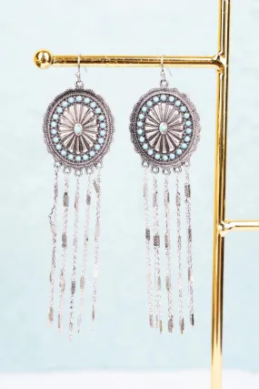 Show Stopper Turquoise and Silvertone Fringe Earrings