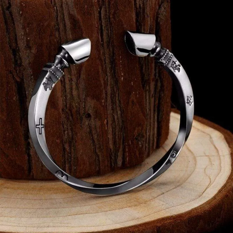 Solid 925 Sterling Silver Viking Bracelet Men Vintage Rock Silver Cuff Bangle Open Bracelets Biker Men's Jewelry
