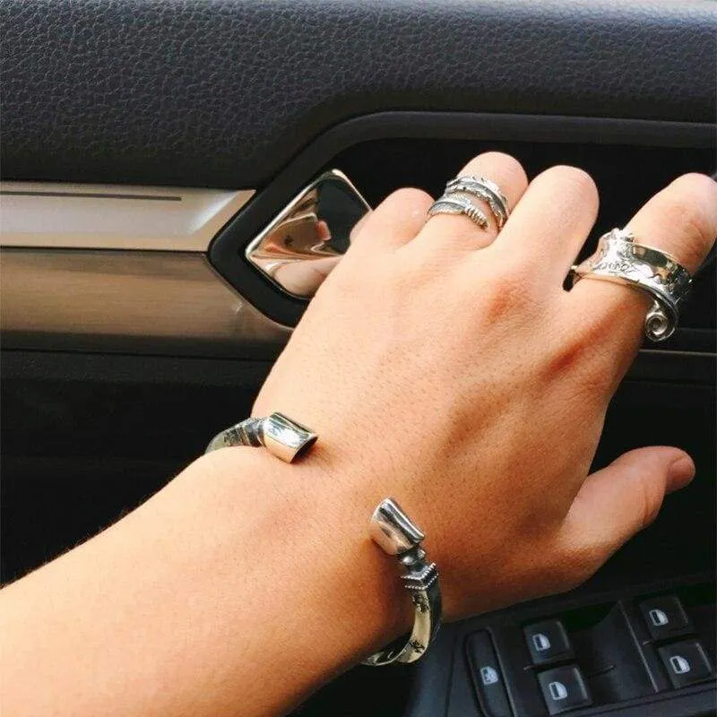 Solid 925 Sterling Silver Viking Bracelet Men Vintage Rock Silver Cuff Bangle Open Bracelets Biker Men's Jewelry