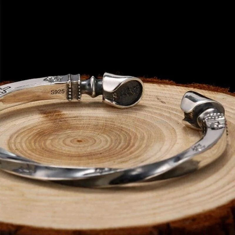 Solid 925 Sterling Silver Viking Bracelet Men Vintage Rock Silver Cuff Bangle Open Bracelets Biker Men's Jewelry
