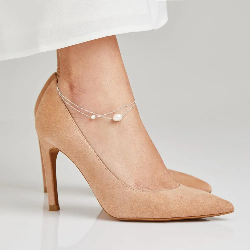 Solid White Gold Layered Large and Small Pearl Anklet