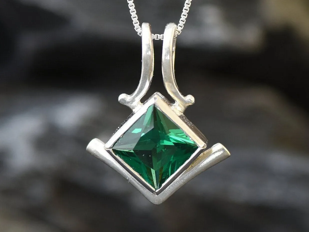 Square Emerald Pendant - Green Square Necklace -  Vintage Square Necklace