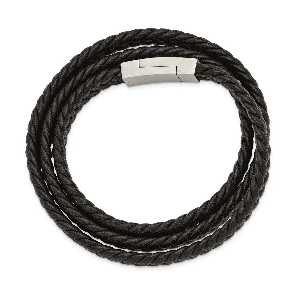 Stainless Steel Brushed Black Leather Braided 23in Wrap Bracelet