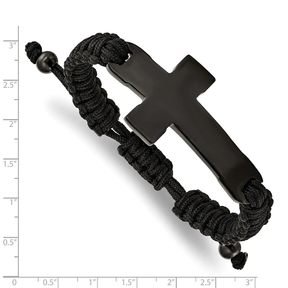 Stainless Steel Polished Black IP Black Nylon Adjustable Cross Bracelet