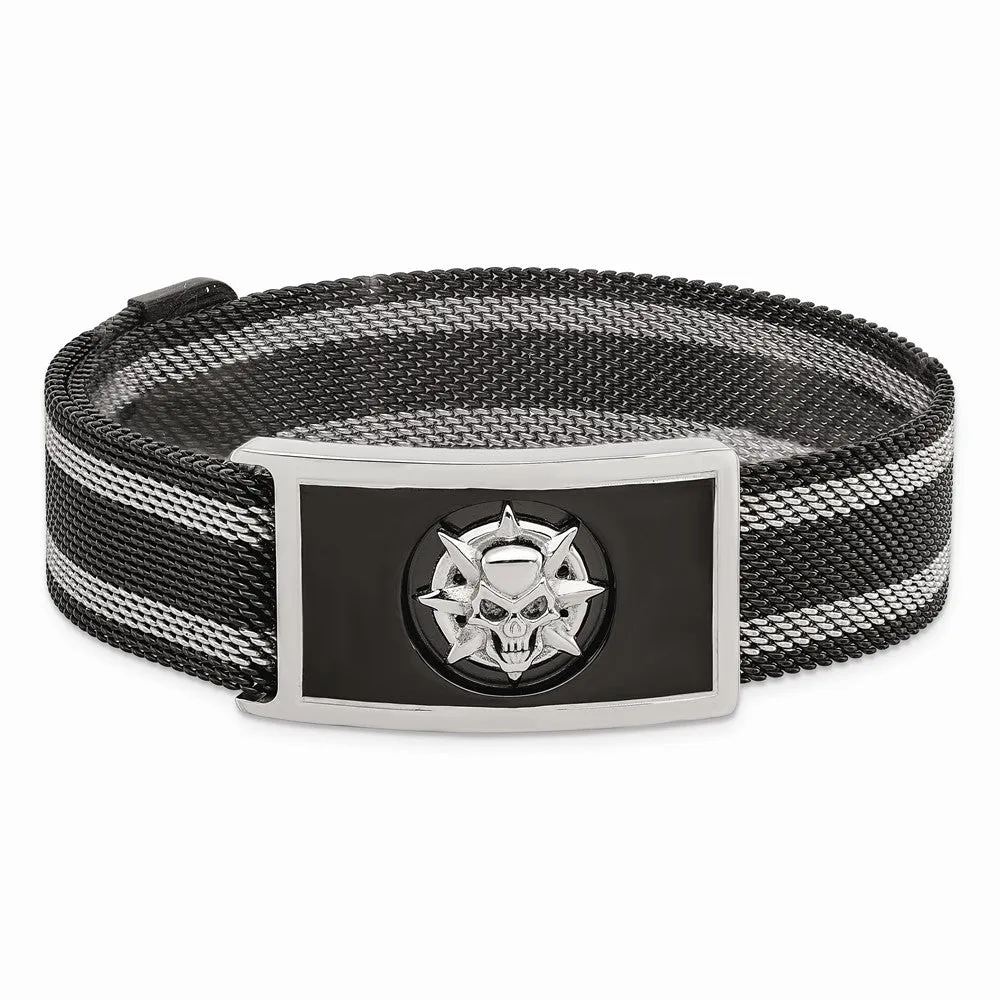 Stainless Steel Polished Black IP-plated Mesh Adj Magnetic Skull Bracelet