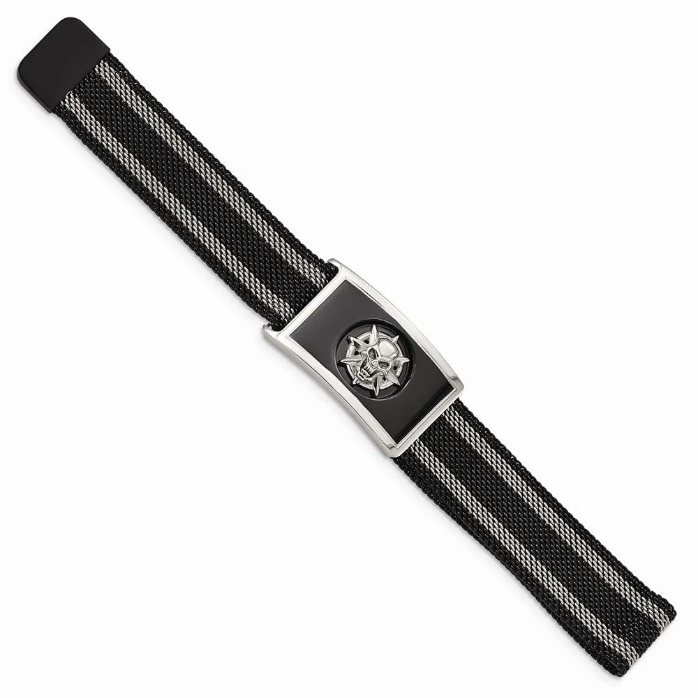 Stainless Steel Polished Black IP-plated Mesh Adj Magnetic Skull Bracelet