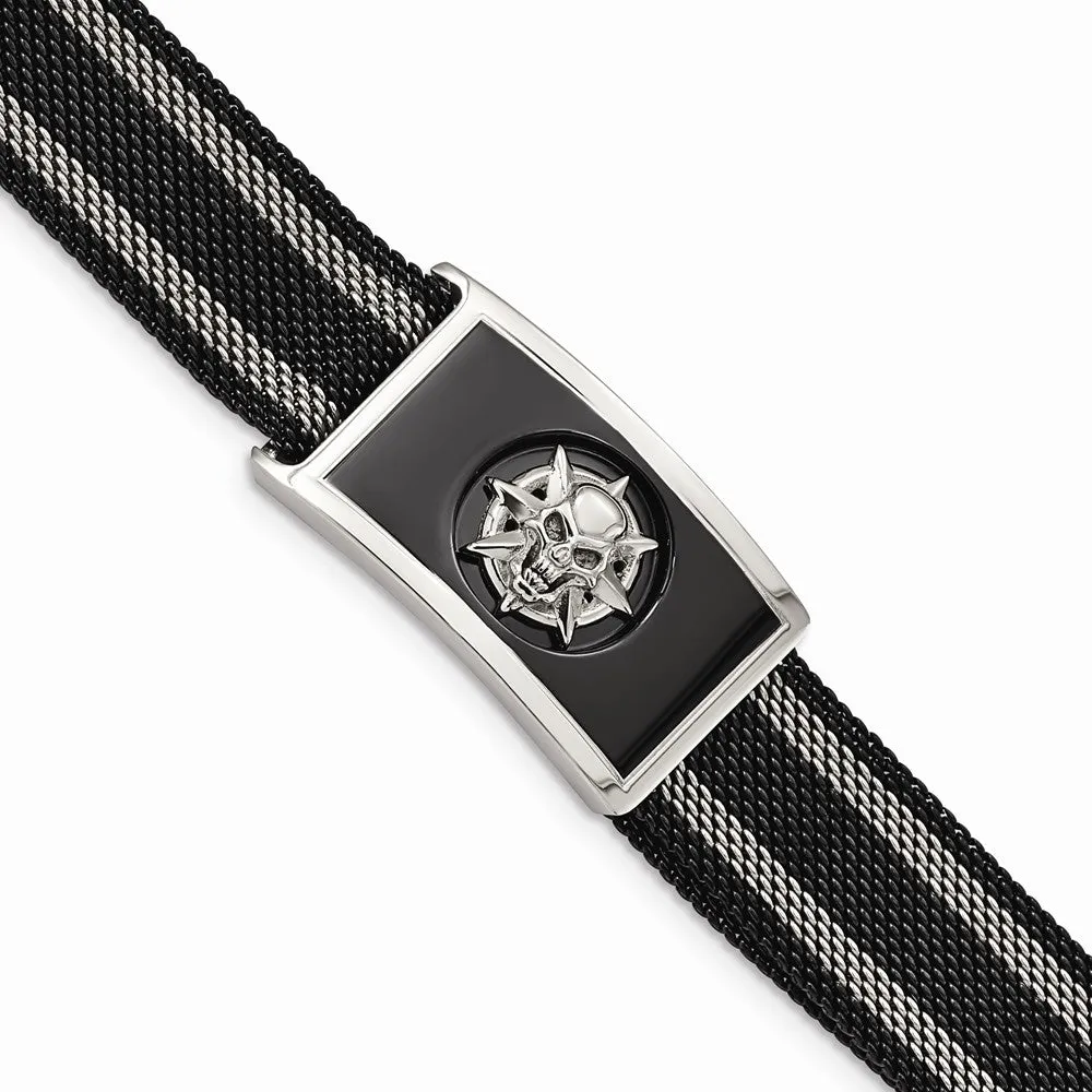 Stainless Steel Polished Black IP-plated Mesh Adj Magnetic Skull Bracelet