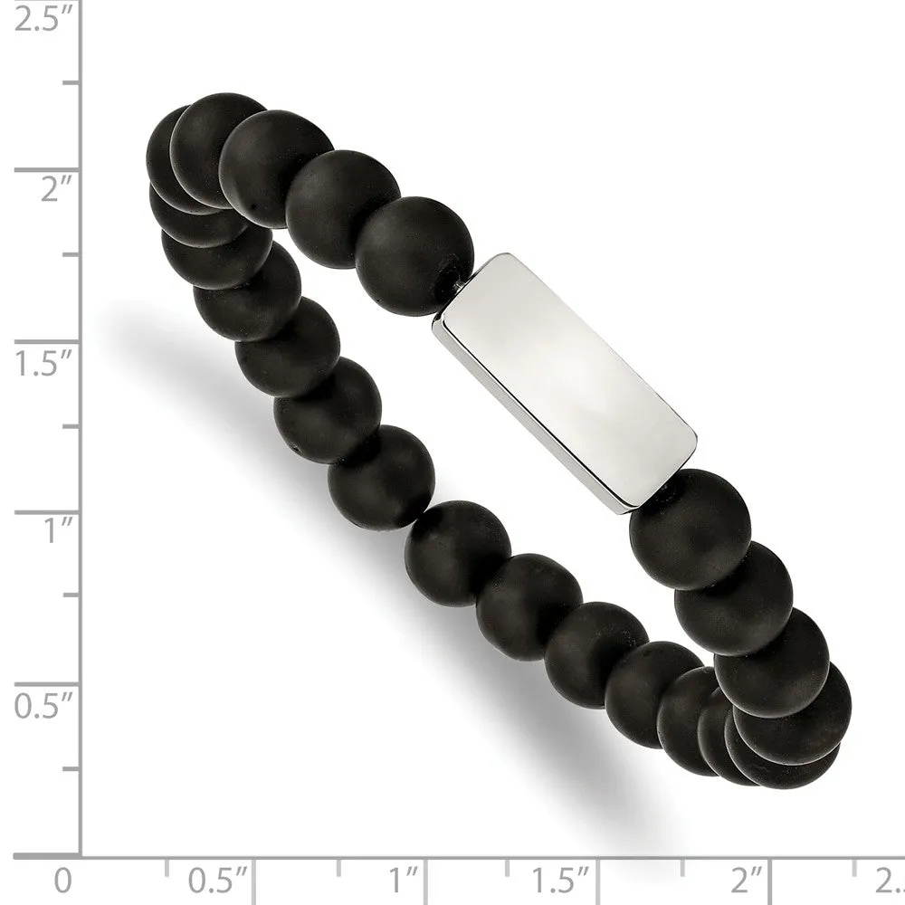 Stainless Steel Polished ID Plate Black Agate Bead Stretch Bracelet
